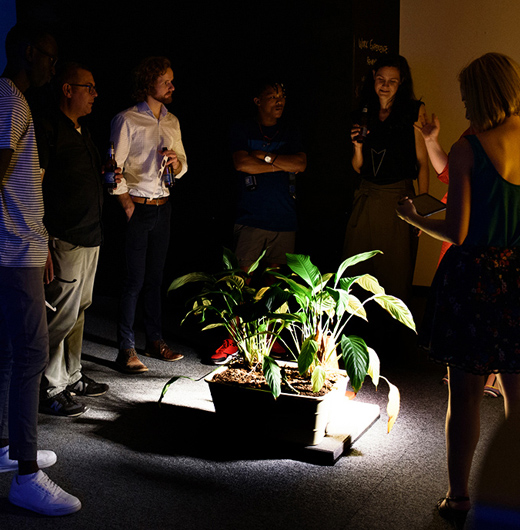 Party Patrons standing around a plant